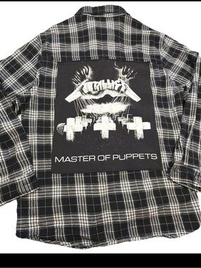 METALLICA Master Of Puppets Black White Plaid FLANNEL Button Up SHIRT, Men’s XL
